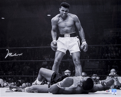 Muhammad Ali Autographed 16 x 20 Black & White Photograph of Ali Standing Over Liston (PSA/DNA)